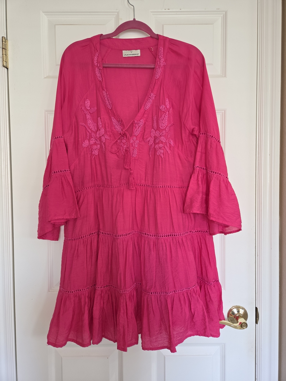 Bright Pink Embroidered Tiered Mini Dress
